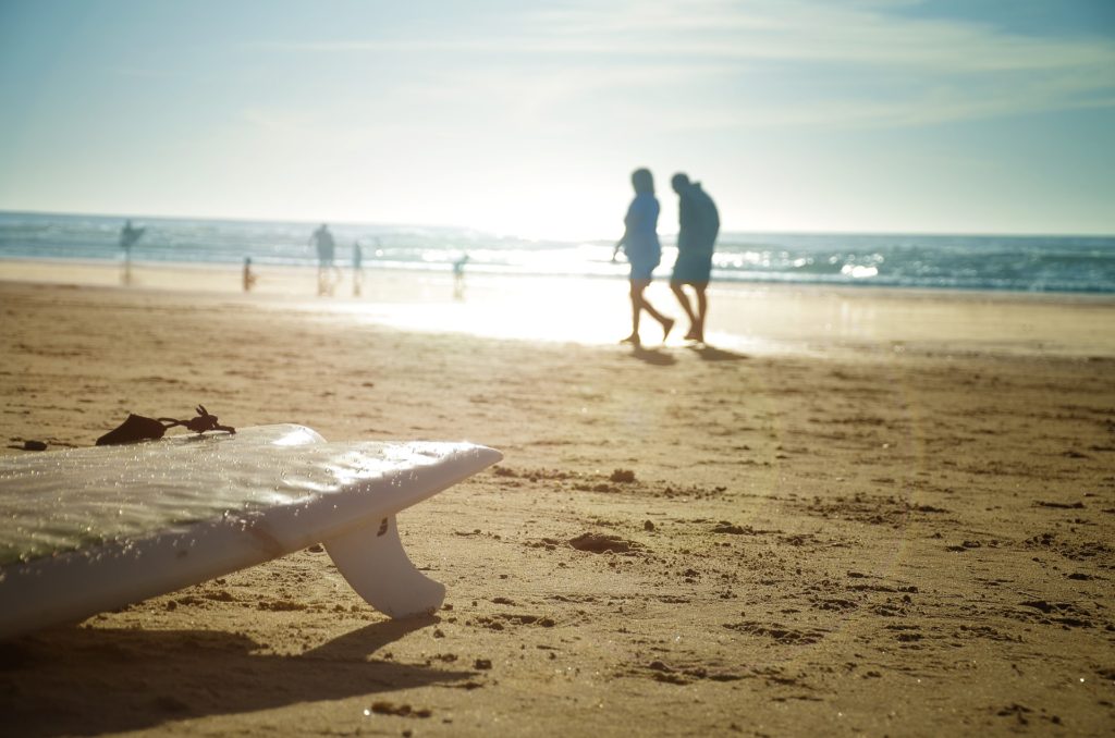 Surfboard on a beach in La Jolla, CA
