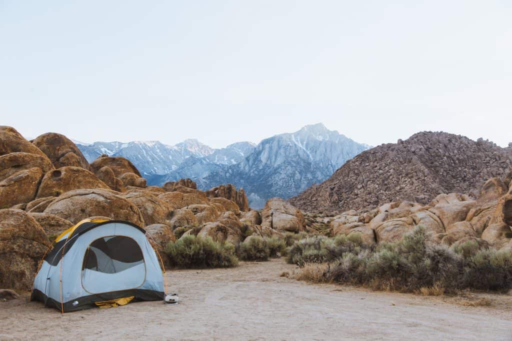 Tent with views of Alabama HIlls