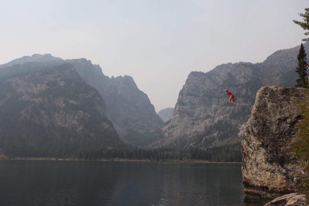 Cliff jump from Phelps Lake in the Grand Tetons