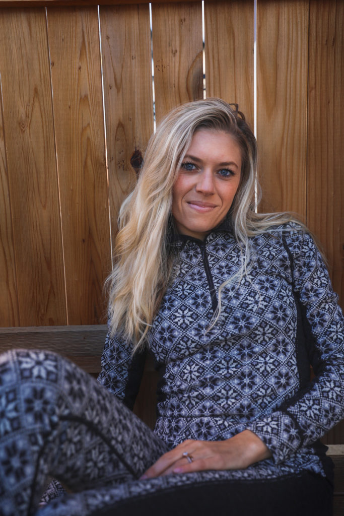 Girl in Kari Traa snow baselayers to help her stay warm as part of her winter road trip from San Diego