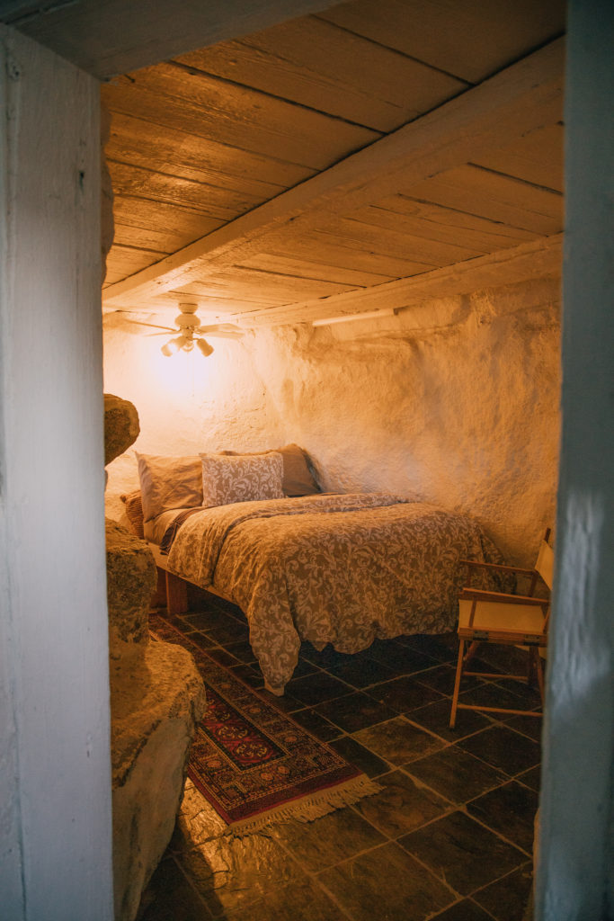 Bedroom inside the guest cabin at the desert view tower