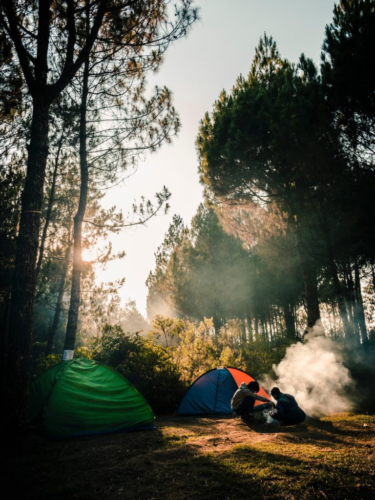 Friends in front of tents building a fire. Free camping in the US can also include tent camping