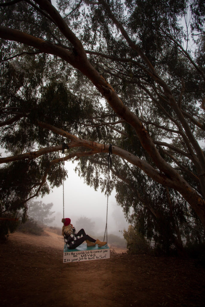 Girl sitting on the La Jolla swing with fog in the background