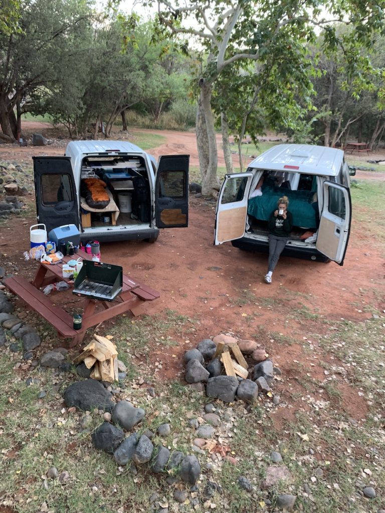 Campervans at campground in Sedona which is a great way to make your Sedona trip affordable