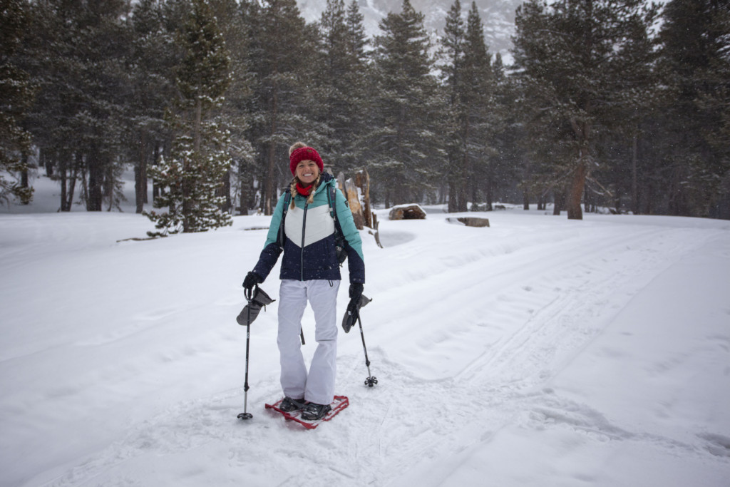 Girl snowshoeing in Mammoth Mountain area