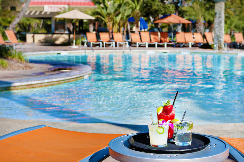 Fruity drinks in front of Paradise Point Hotel Pool