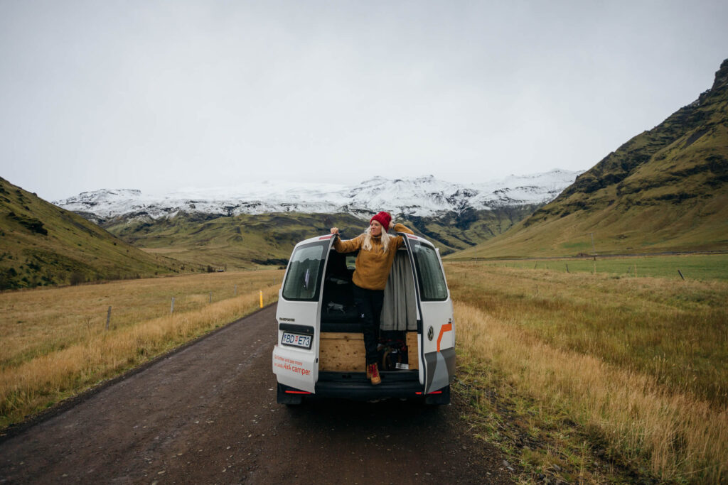 Girls standing in a campervan in Iceland