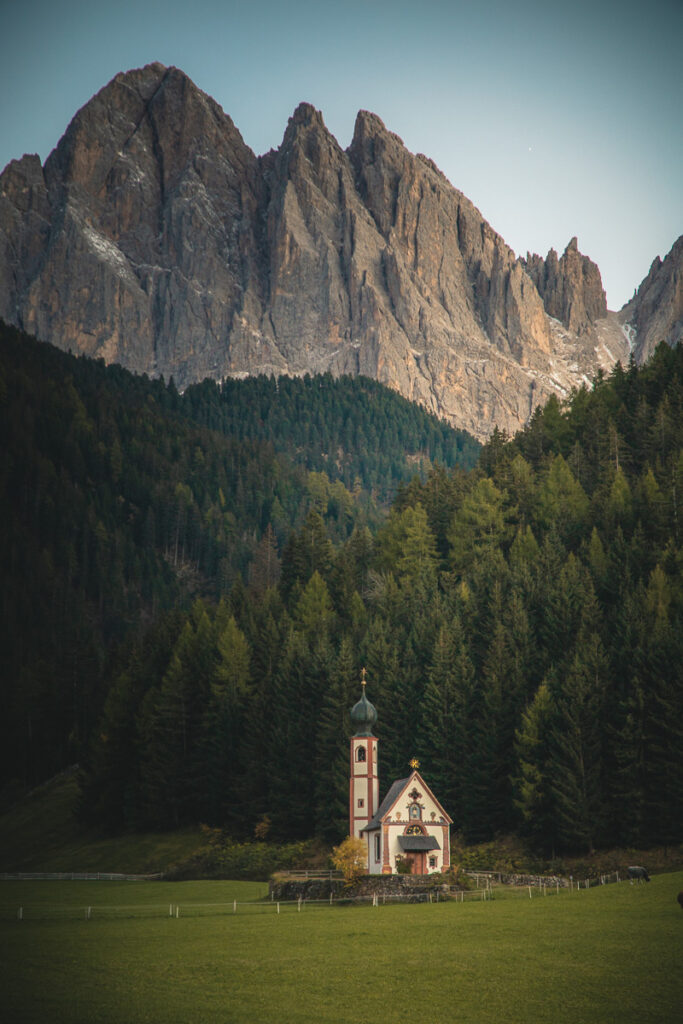 Scenic view of the church of Santa Magdalena which is a destination to add to your Dolomites road trip