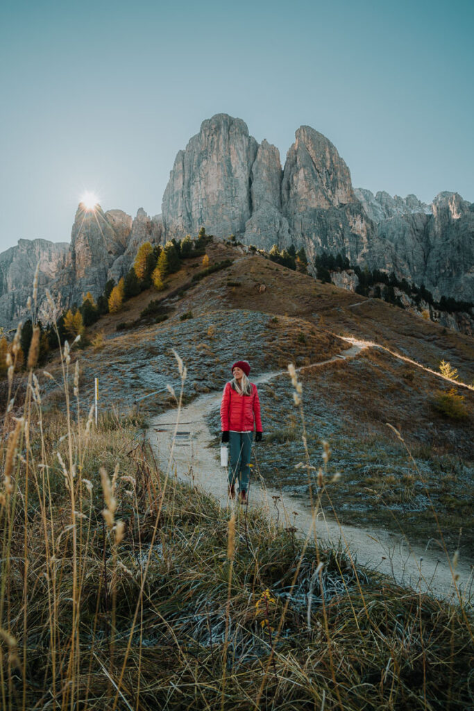 Chelsey Explores hiking up Gardena Pass at sunrise 