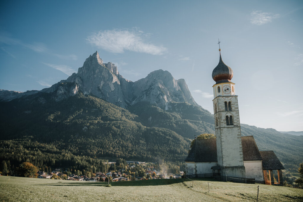 Scenic view of St. Valentin Church in the Dolomites, Italy
