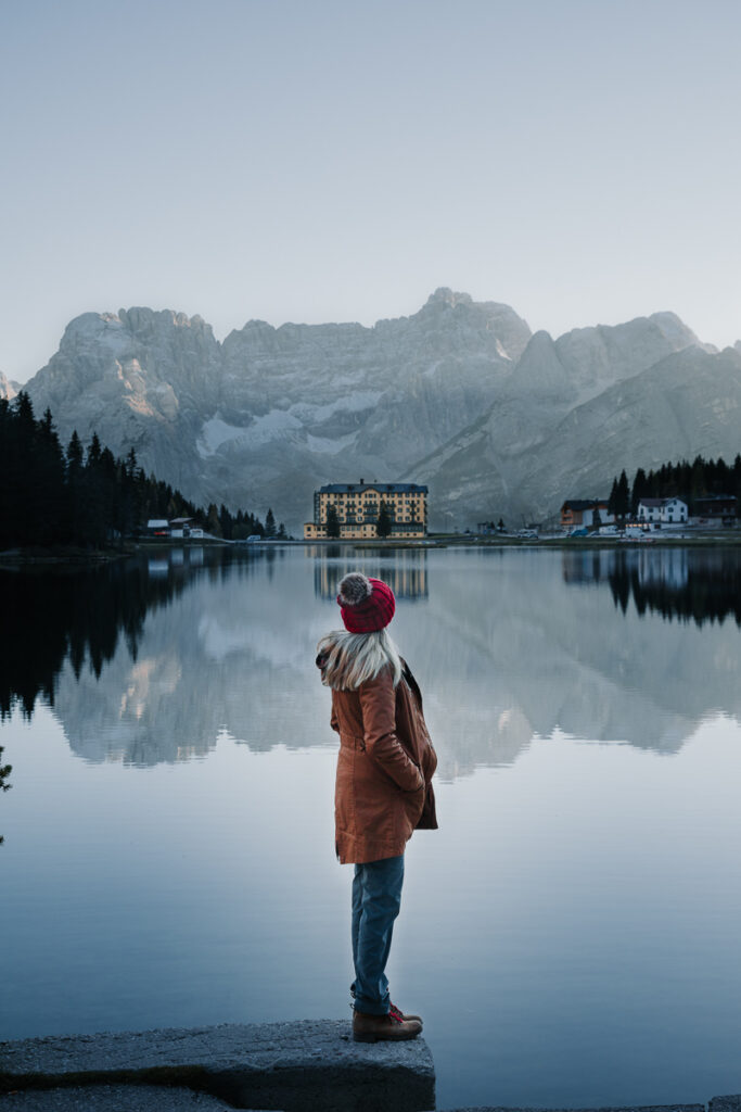 Chelsey Explores looking at the views of the Dolomites from Lake Misurina