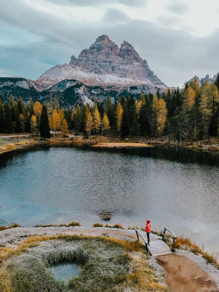 Aerial view of Chelsey Explores and lake Lago di Antorno