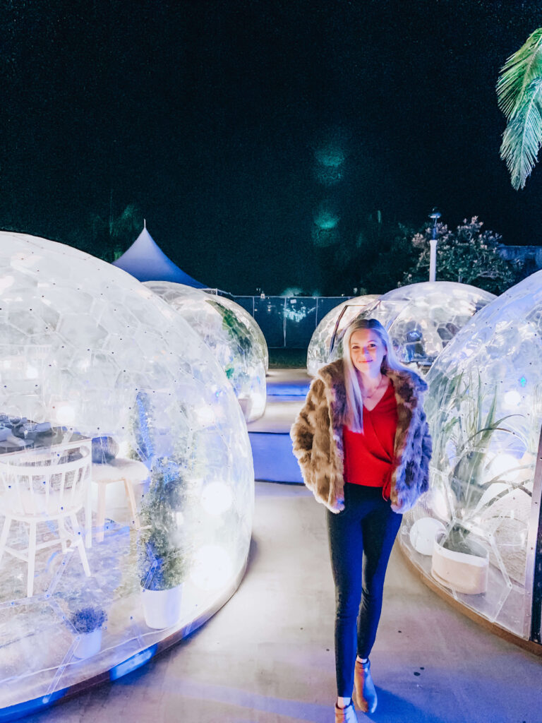 San Diego blogger standing in front of the Christmas igloos