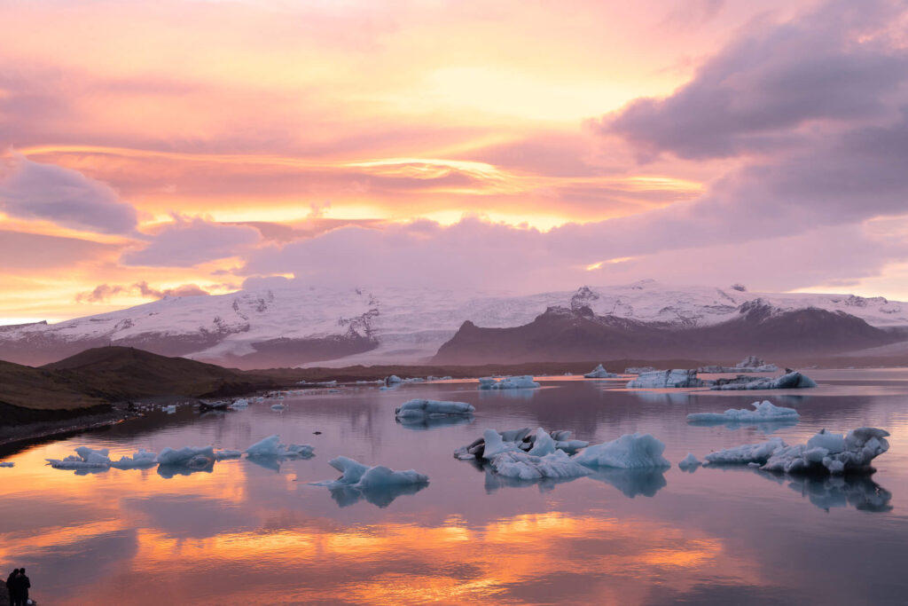 Jokulsarlon Glacier Lagoon at sunset time