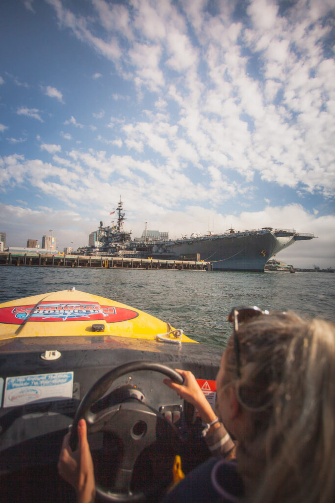 View of the USS Midway from a speedboat.