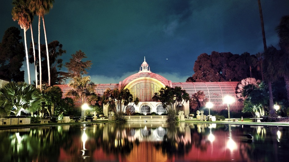 Balboa Park lit up at nighttime in San Diego 