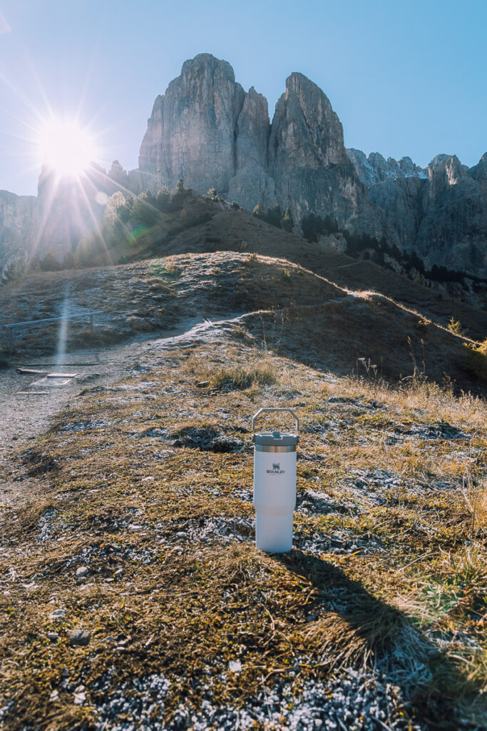 Stanley Ice Flow water bottle with mountains in background