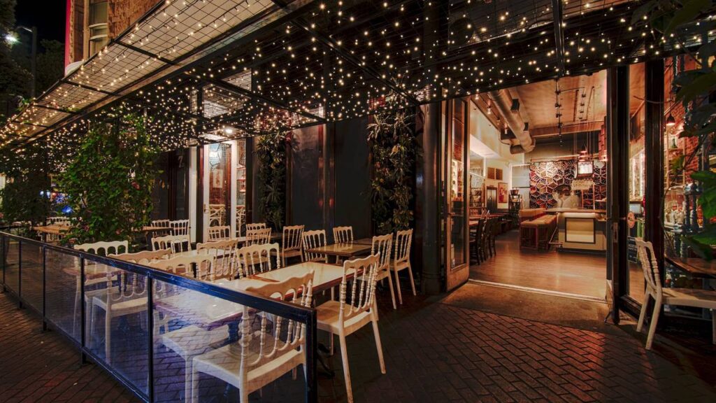 Night time patio views at Cafe 21 in San Diego's Gaslamp
