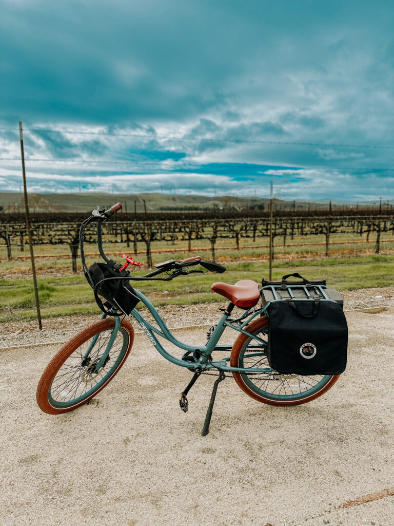 Biking in front of Livermore wineries that was rented from Pedego