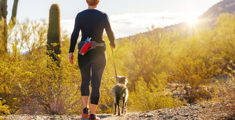 women hiking on the trail with a dog on a leash